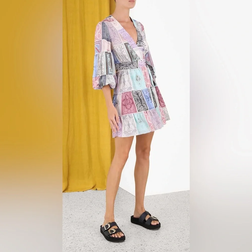 Zimmermann Wrap Mini Dress in Multi Zodiac Cards Print; Size 0 - Picture 4 of 16